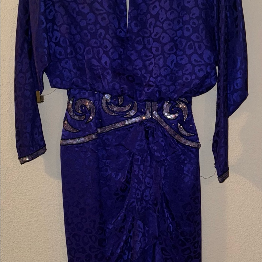 A.J. Bari Royal Blue Long Sleeve Dress with Silver Accents and Shoulder Pads